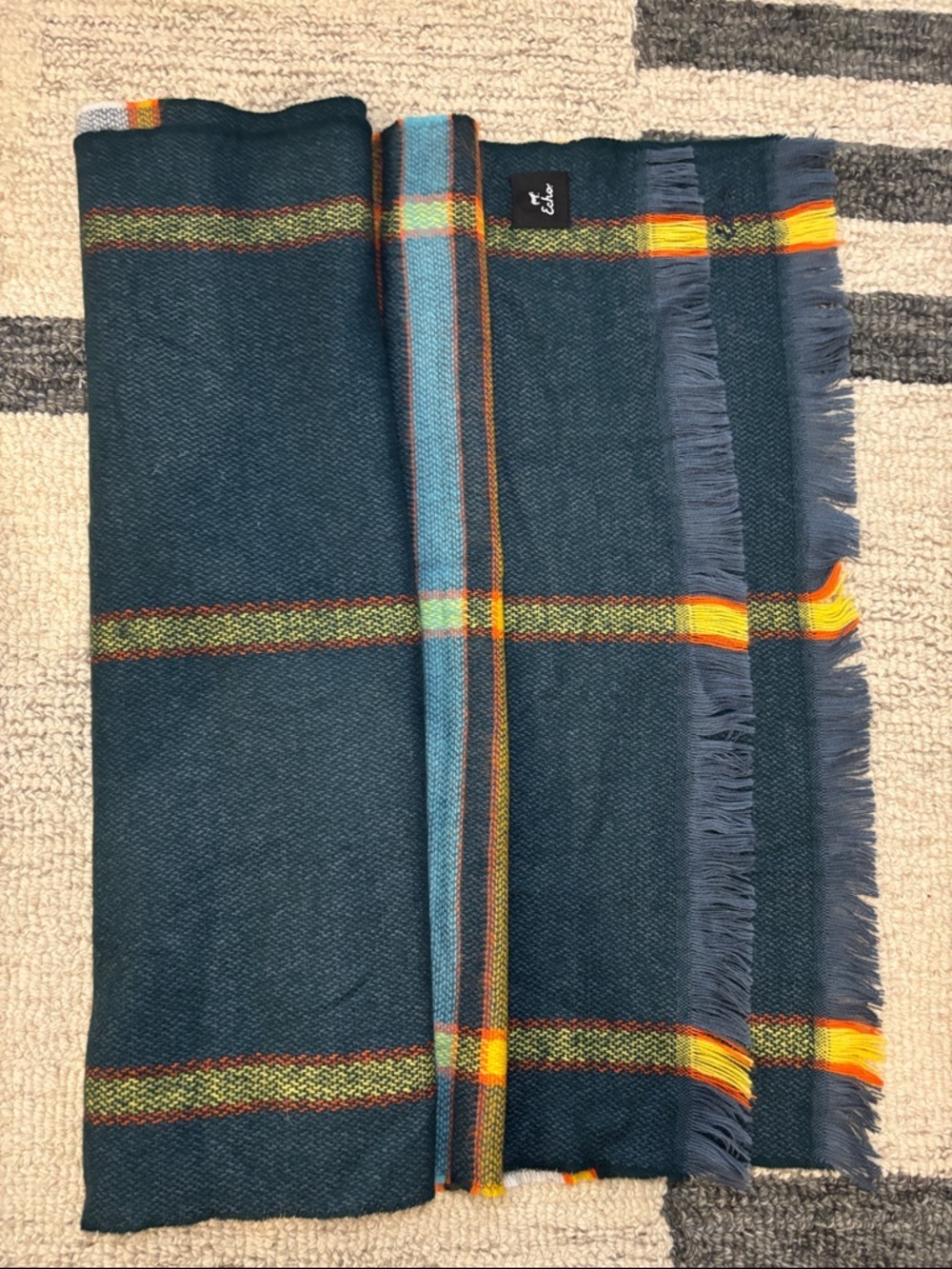 Echo Plaid Scarf Navy Yellow Tartan Fringe Wrap - Picture 3 of 12
